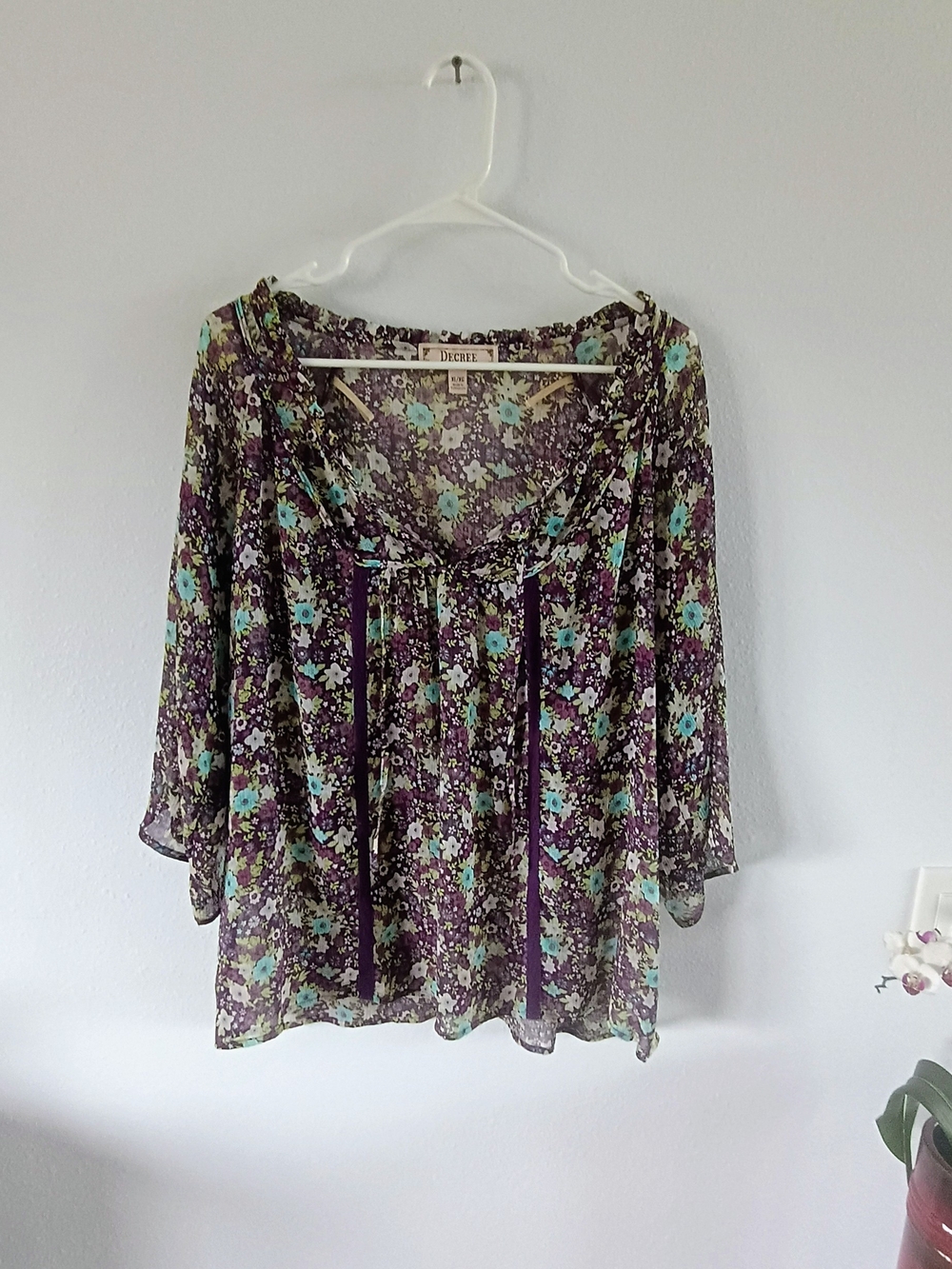 Decree XL Purple Floral Boho Peasant Blouse Bell Sleeve Cottagecore Top